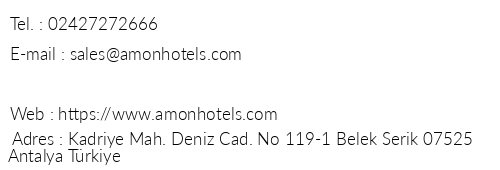 Amon Hotels Belek telefon numaralar, faks, e-mail, posta adresi ve iletiim bilgileri
